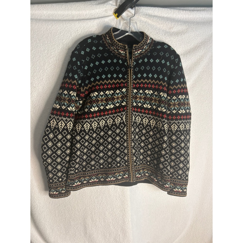Nomadic Traders Womens Medium Fair Isle Full Zip Sweater Black Ramie Cotton Knit